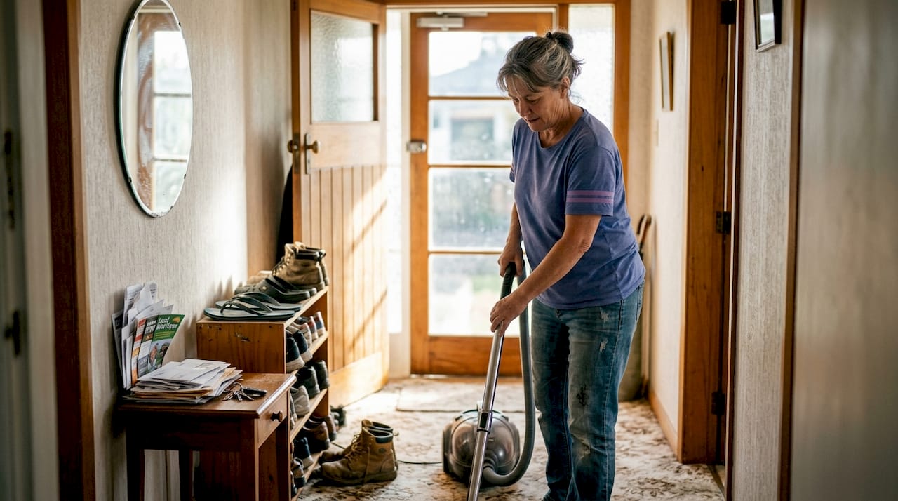 Homeowner cleaning entryway for sale