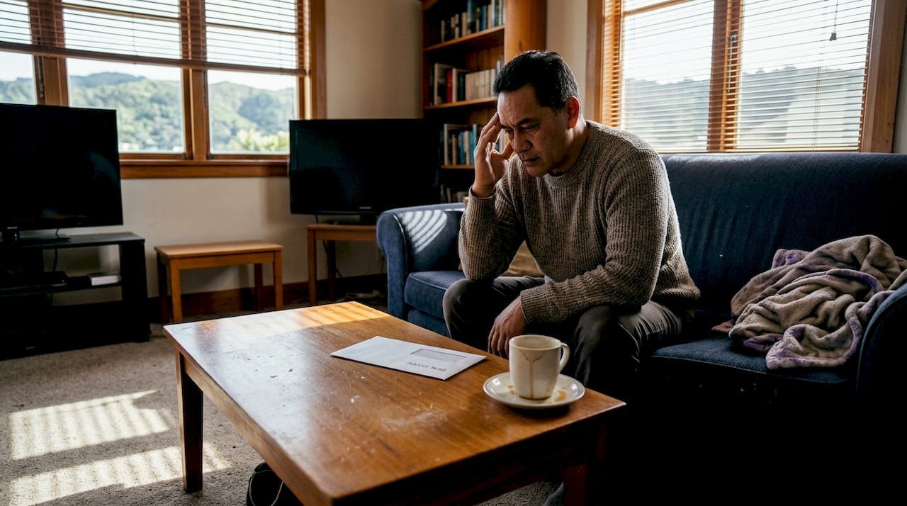 Worried homeowner on sofa with bill envelope