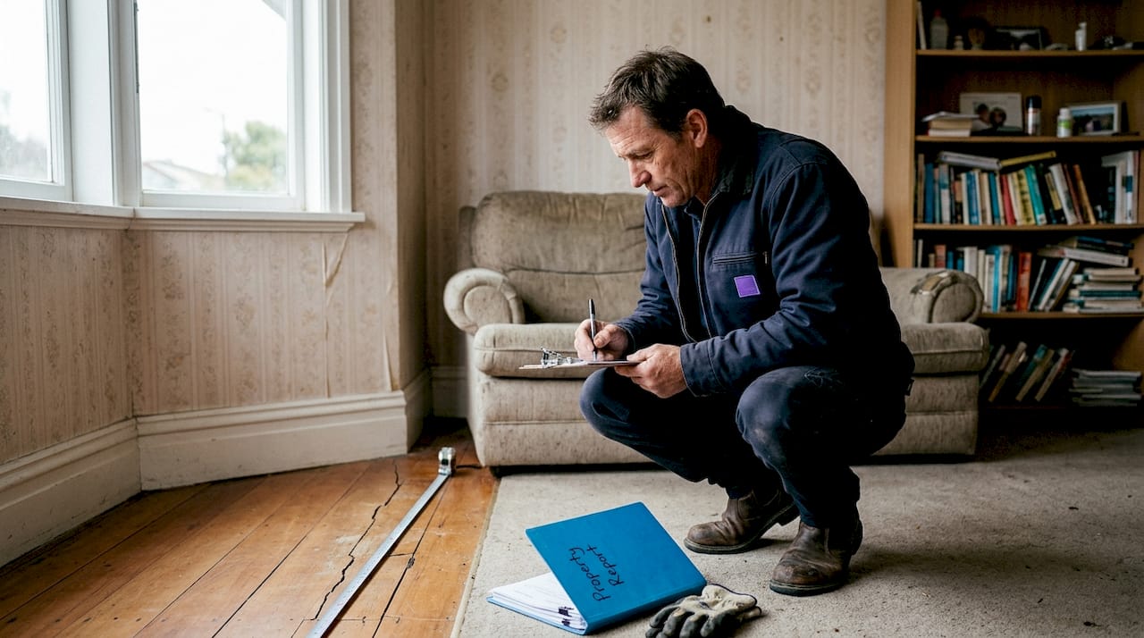 Property buyer inspecting home foundations