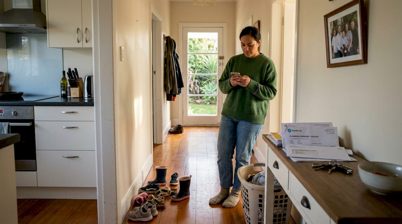 Woman texting in home hallway with repairs visible