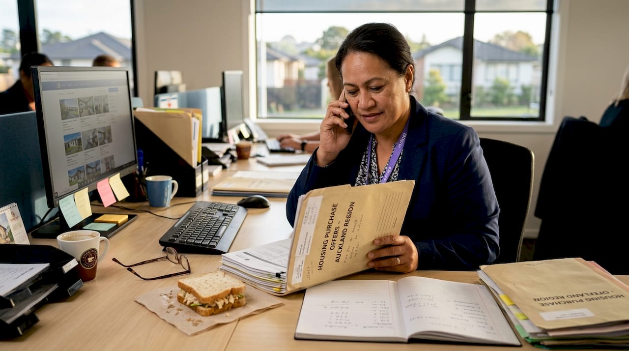 Agent reviewing property purchase paperwork