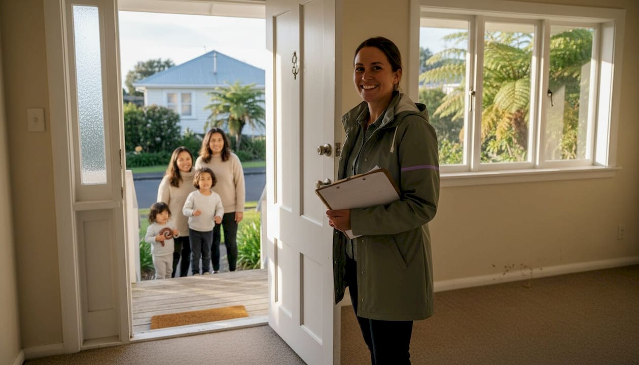 Agent welcoming family to vacant rental