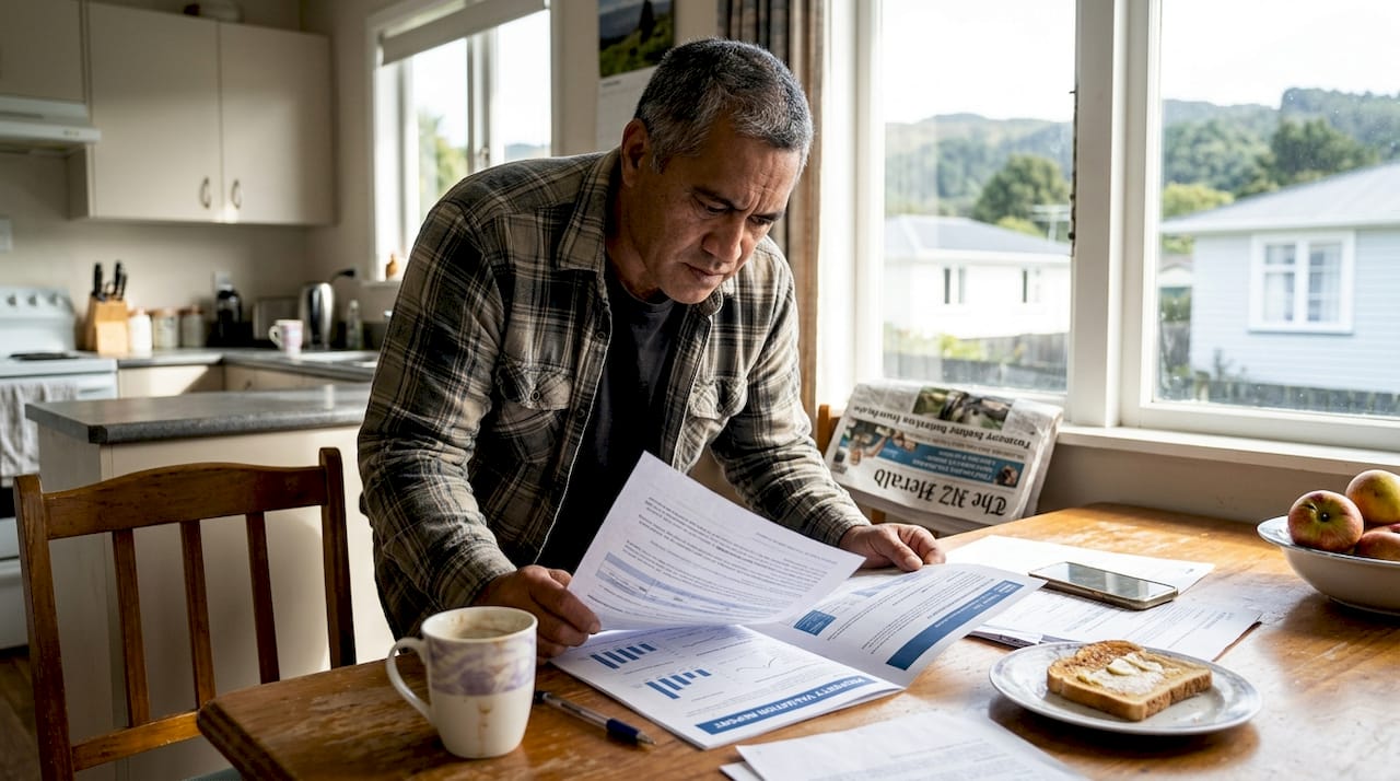Homeowner reading property valuation report in kitchen