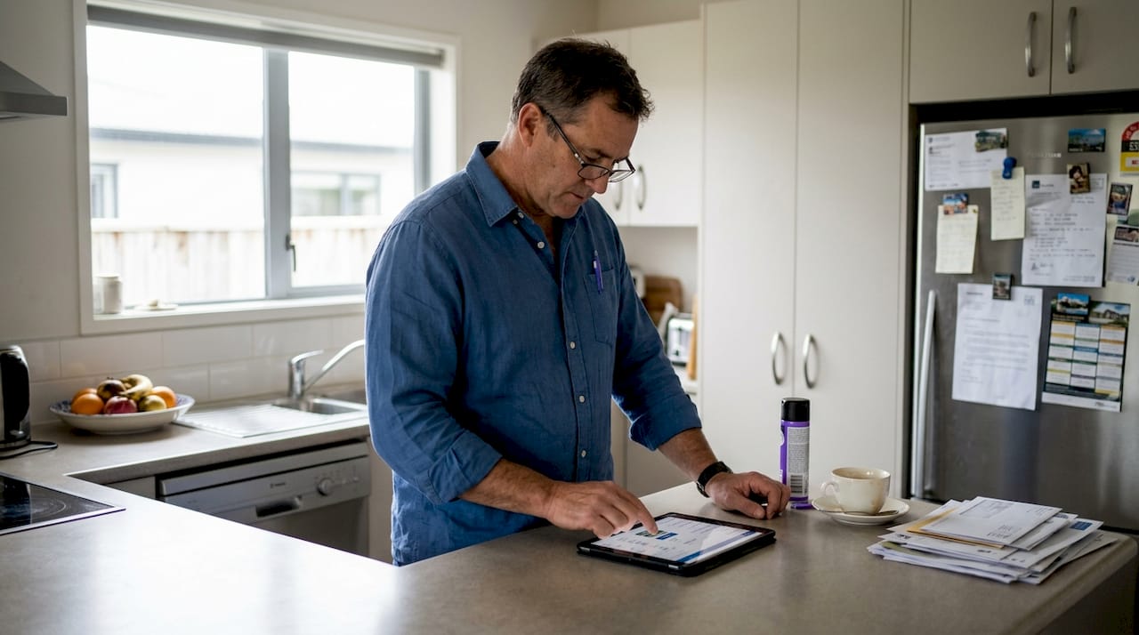 Property appraiser using tablet in home kitchen