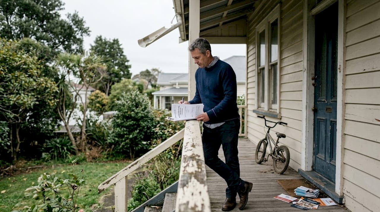Property buyer inspecting as-is Auckland house