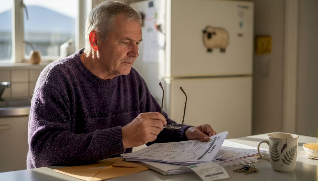 Homeowner reviewing private sale documents at kitchen counter
