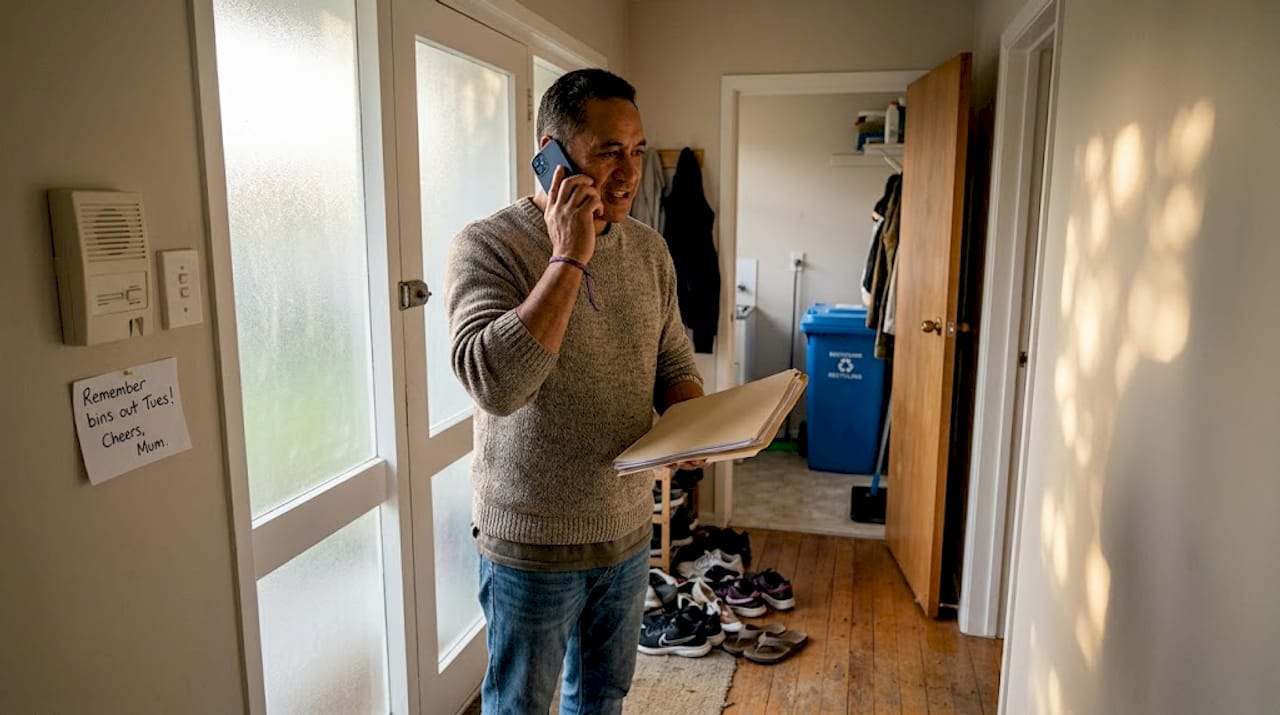 Homeowner on phone with property agent near entrance