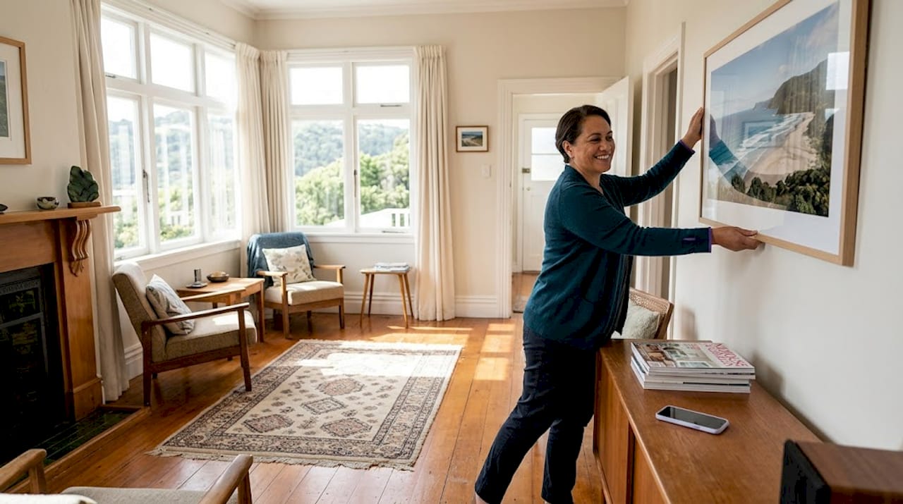 Woman staging living room for sale photos