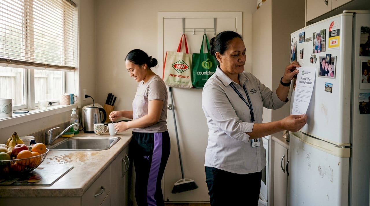 Manager leaving notice for tenant in used kitchen