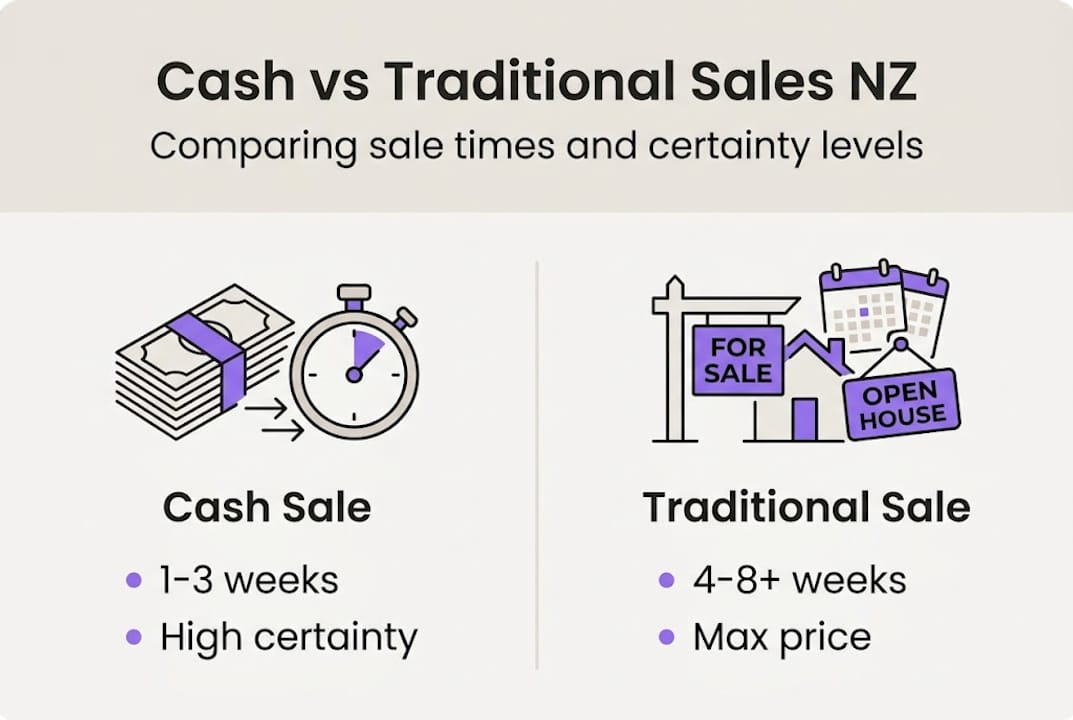 Infographic comparing cash and traditional house sales in NZ
