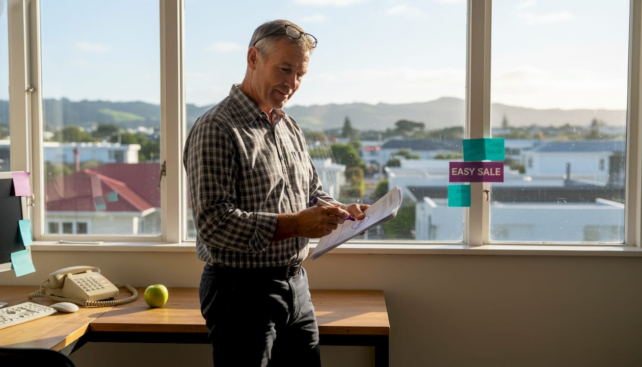 Agent examining property sales printouts