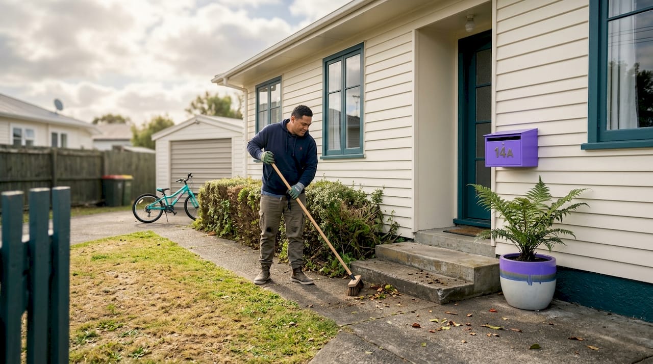 Homeowner tidying front steps for curb appeal