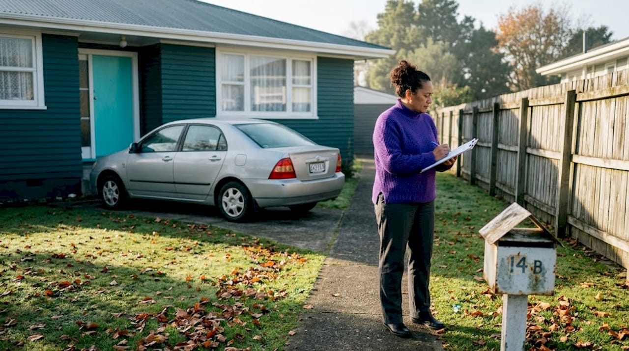 Property valuer outside NZ home taking notes