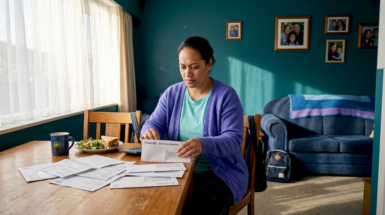 Mother sorting bills in neat home interior