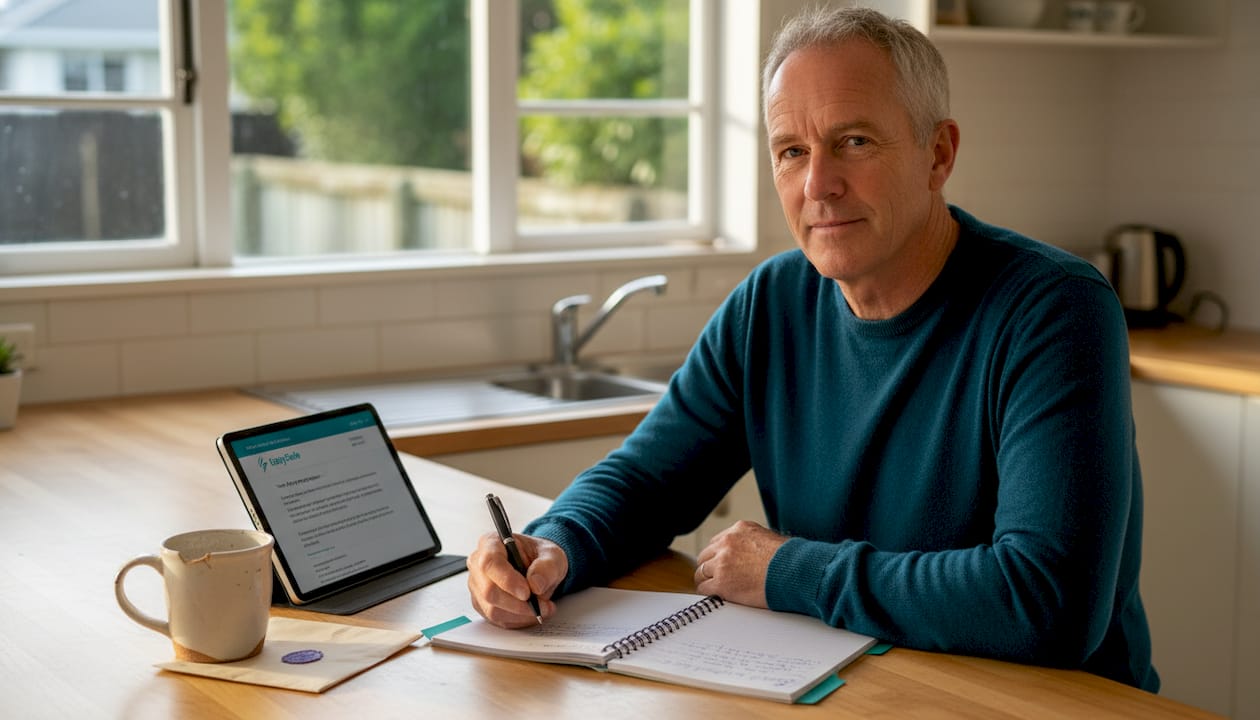 Man reviewing agent property appraisals in kitchen