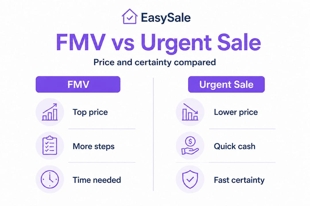 Infographic comparing FMV and urgent sale outcomes