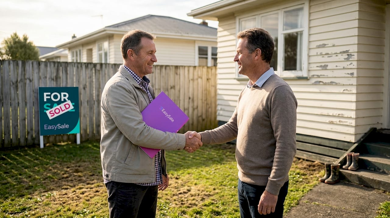 Agent and homeowner shake hands in backyard