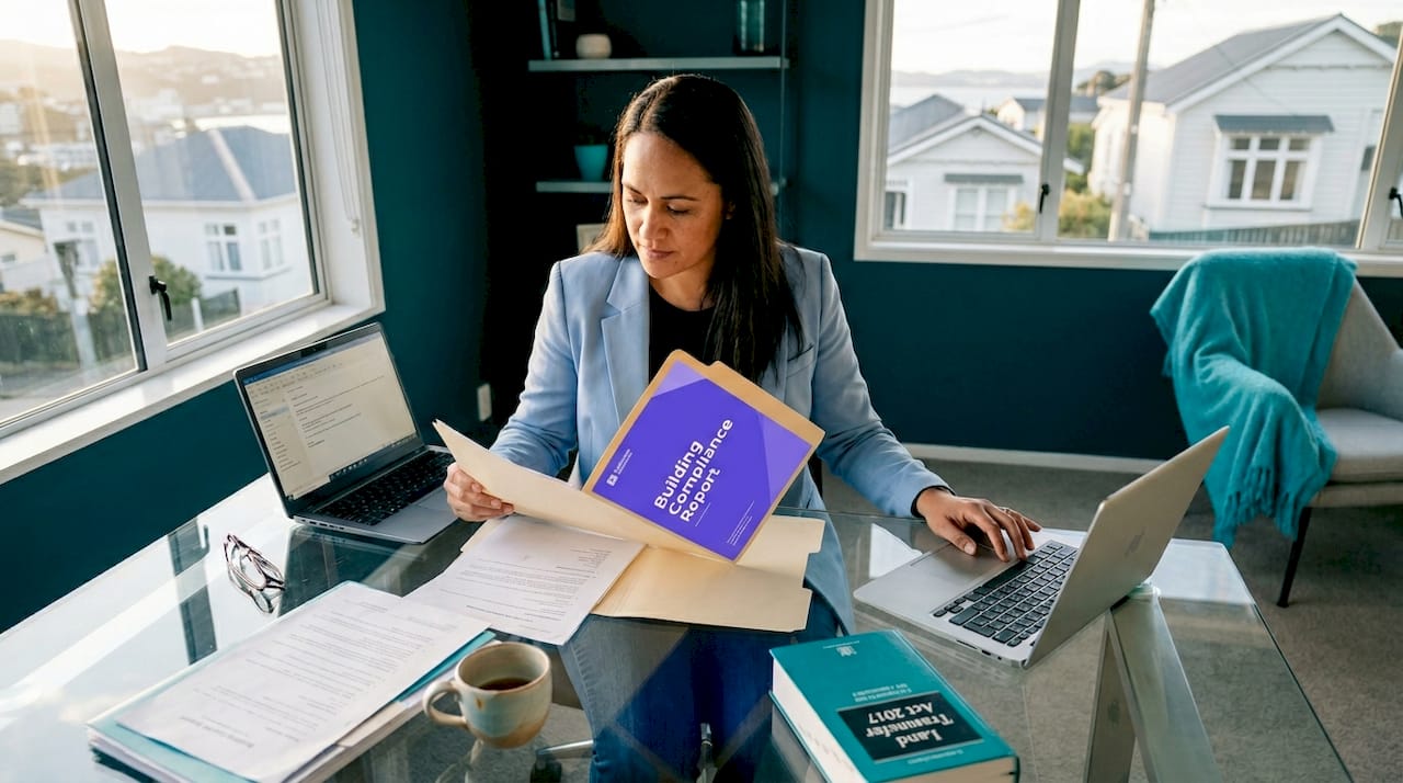 Lawyer reviewing property compliance paperwork