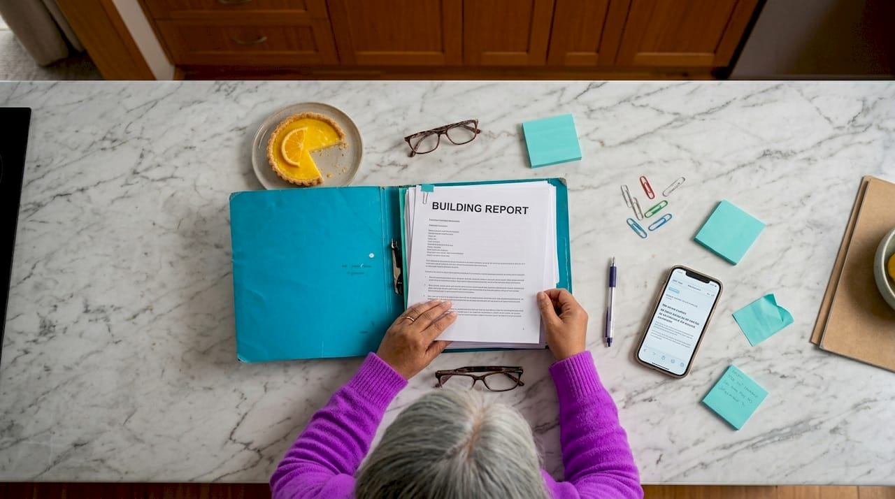 Woman organizing sale documents at kitchen bench