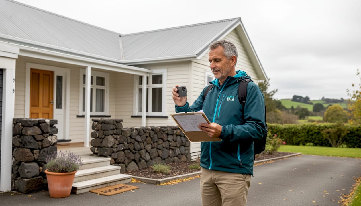Investor examining NZ house exterior with clipboard