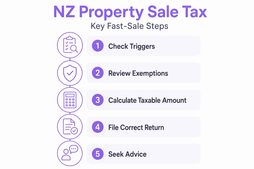 Infographic outlining key property sale tax steps in vertical flow