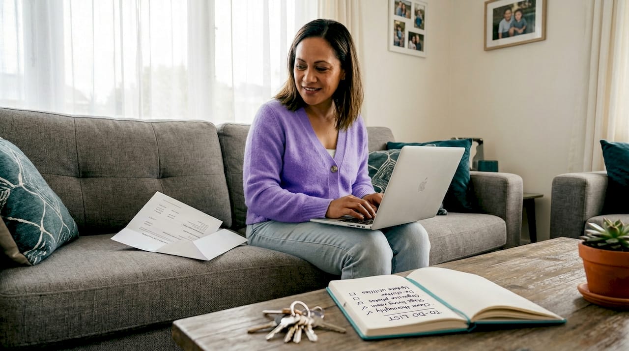 Woman researching fast property sales at home