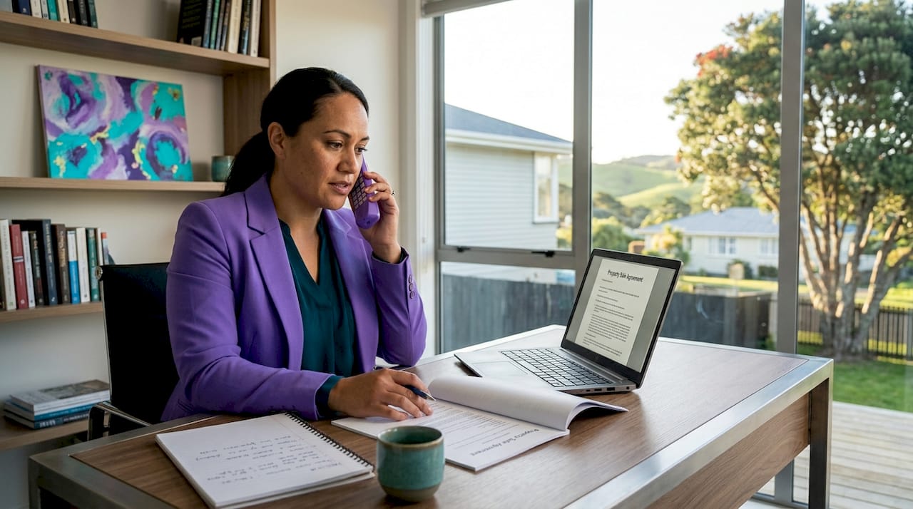 Property lawyer reviewing contract at desk