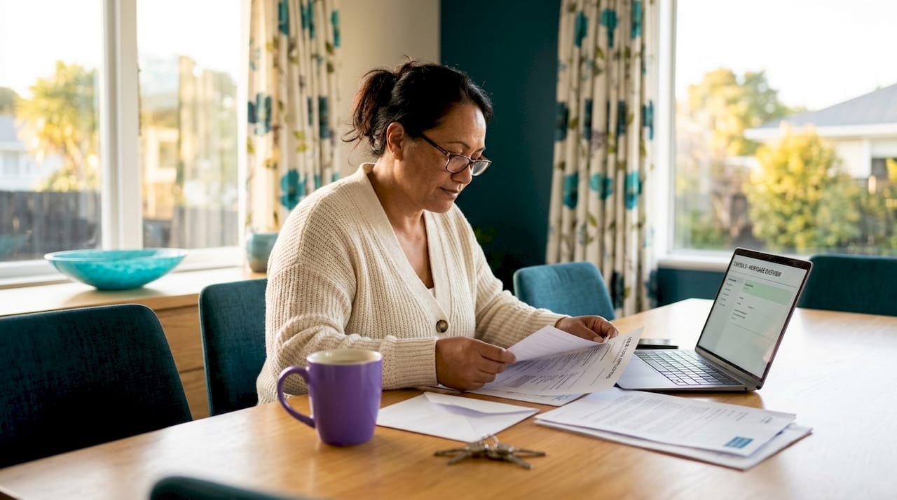Woman reviewing home sale documents at kitchen table