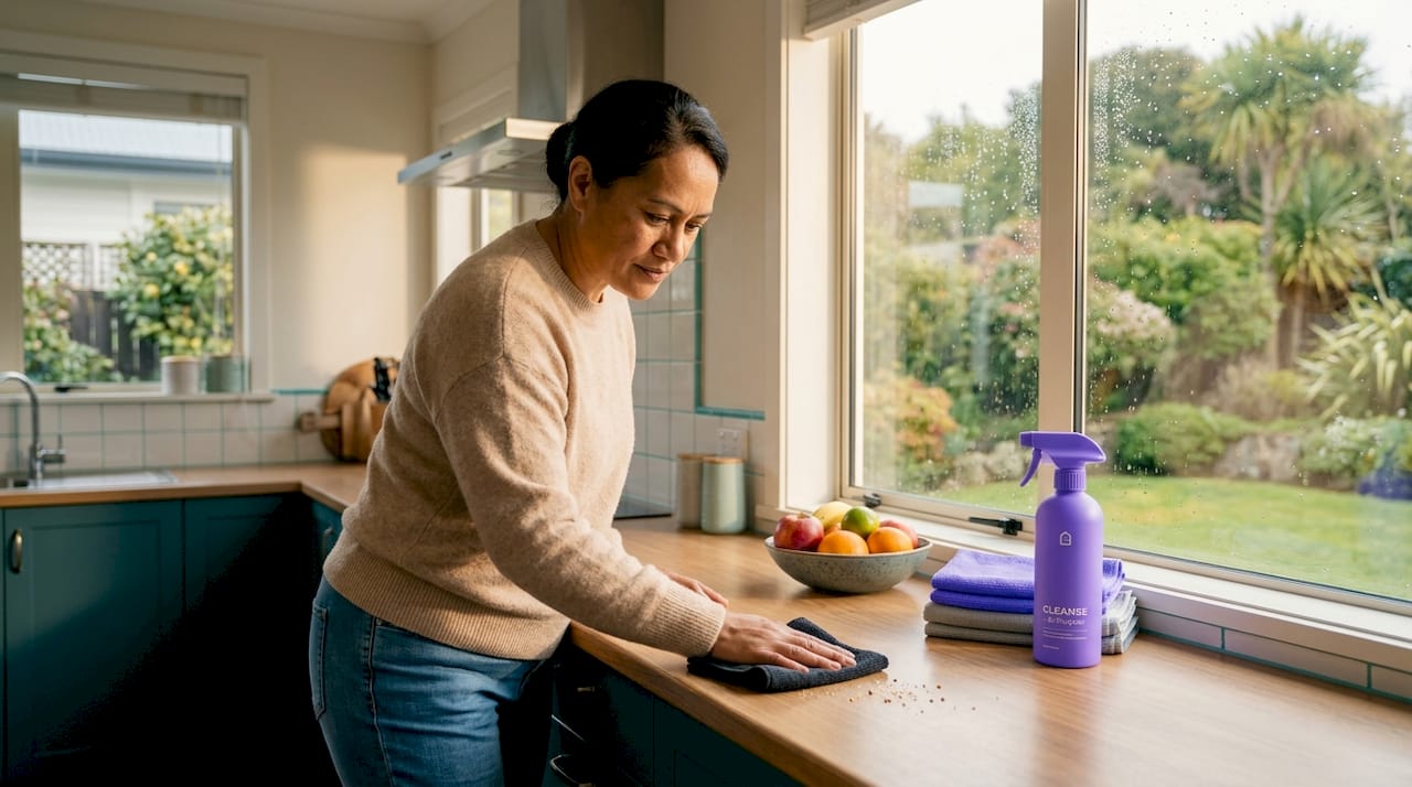 Seller cleaning kitchen before property sale