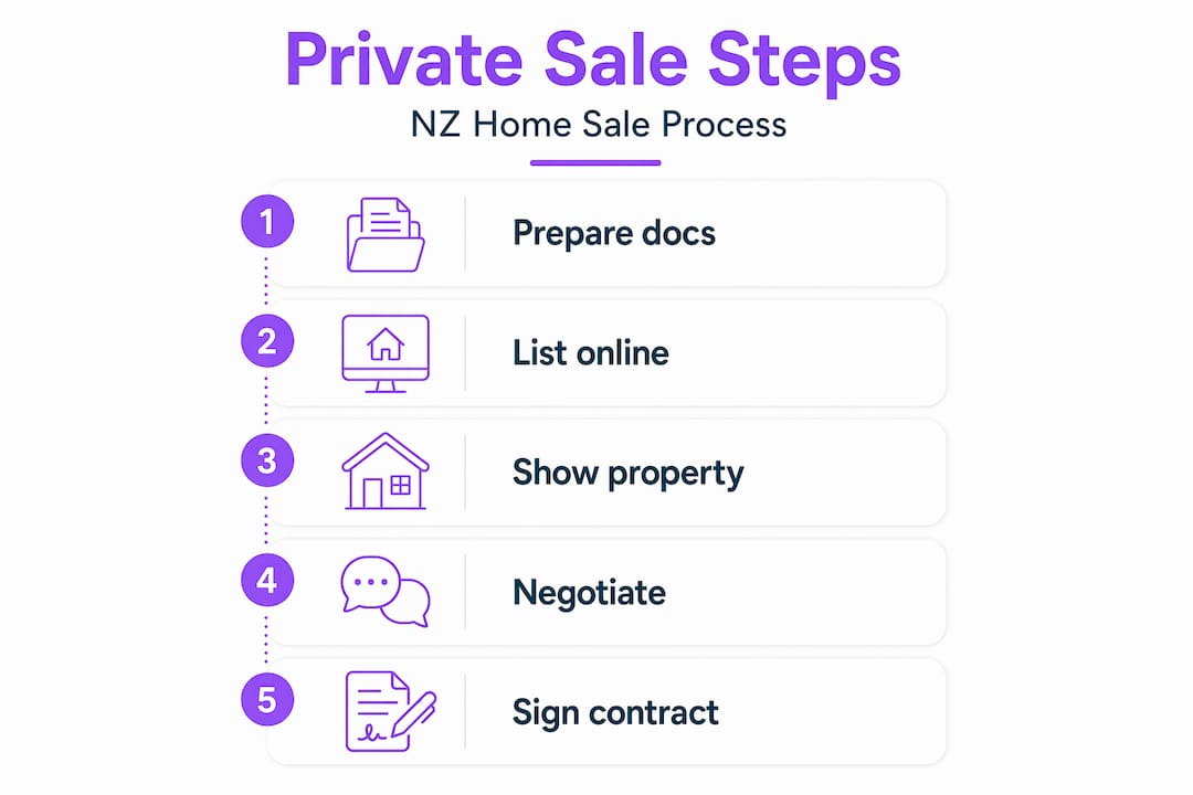 Vertical flow infographic of NZ private sale steps