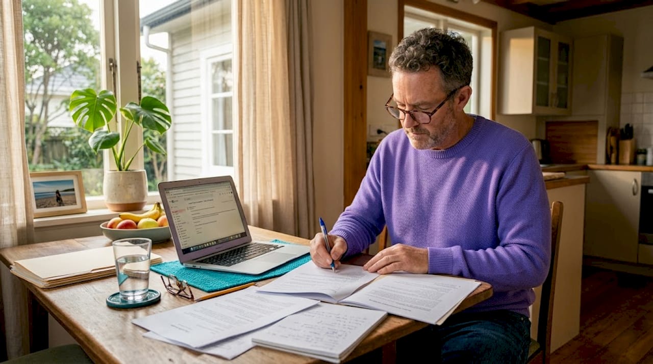 Homeowner signing property sale paperwork in kitchen