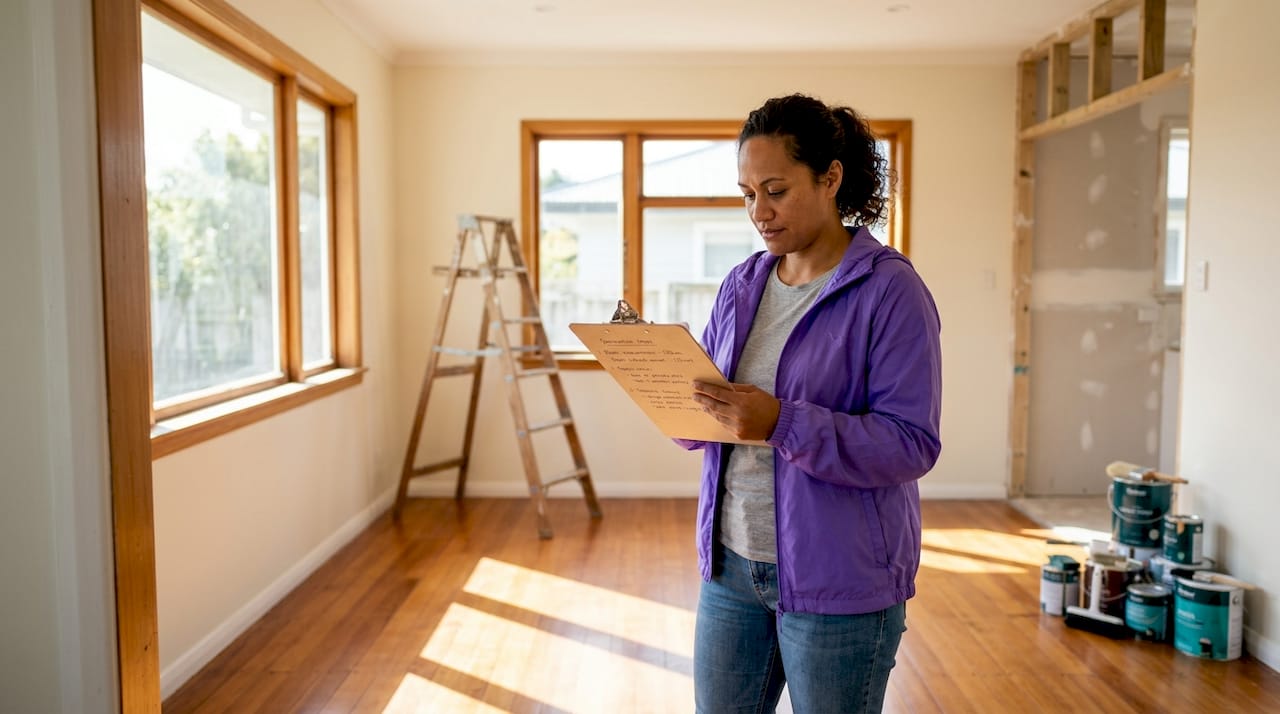 Investor inspecting interior of damaged home