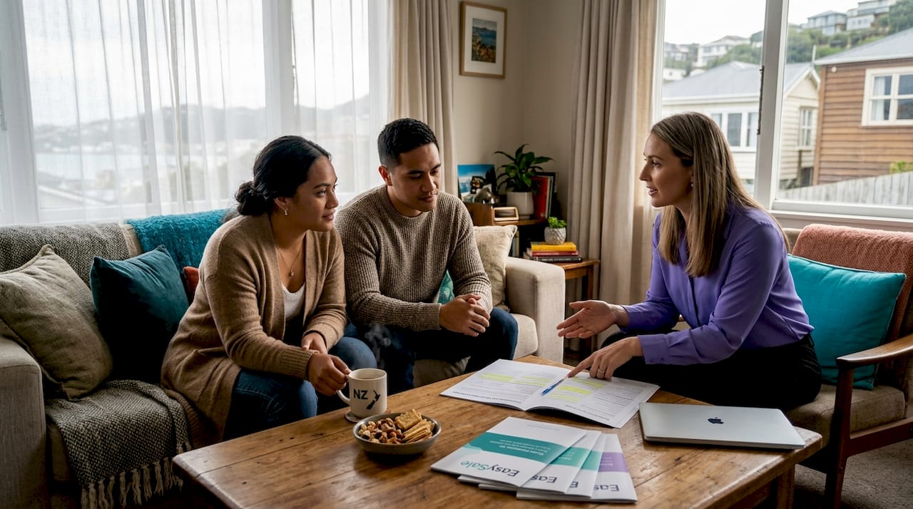 Cash buyer and agent review property contract