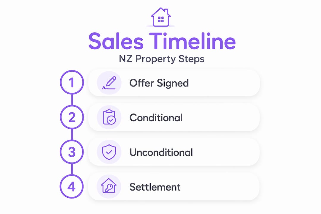 Vertical infographic illustrating NZ sale timeline steps