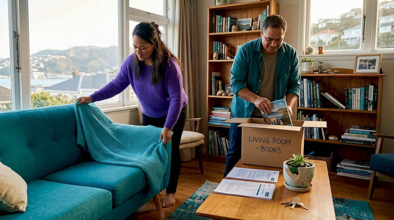 Couple preparing living room for property sale