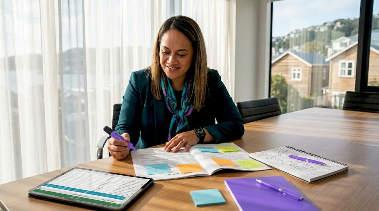 Agent reviewing real estate contract at desk