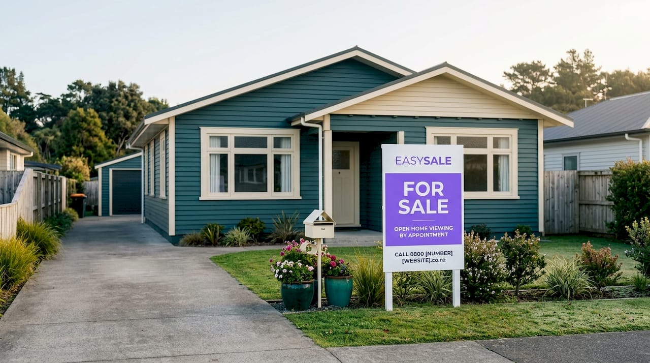 Vacant New Zealand house with for sale sign