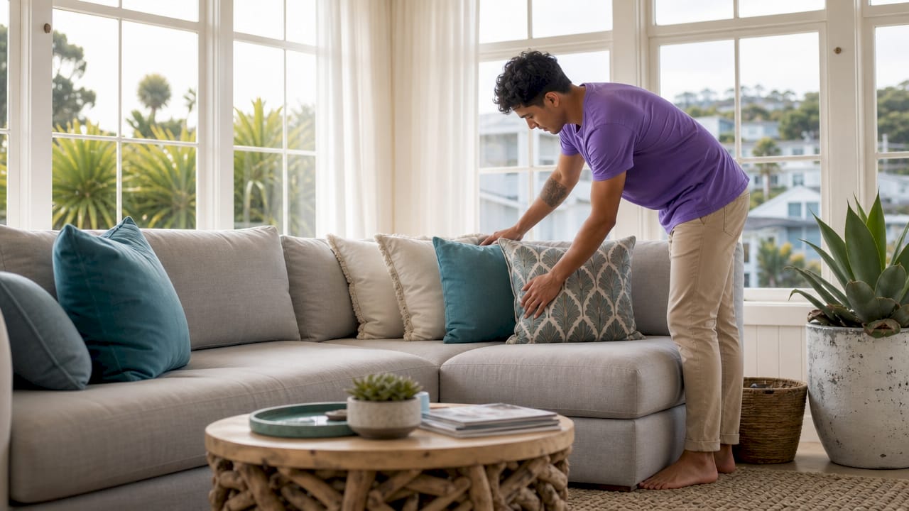 Man arranging pillows for home staging