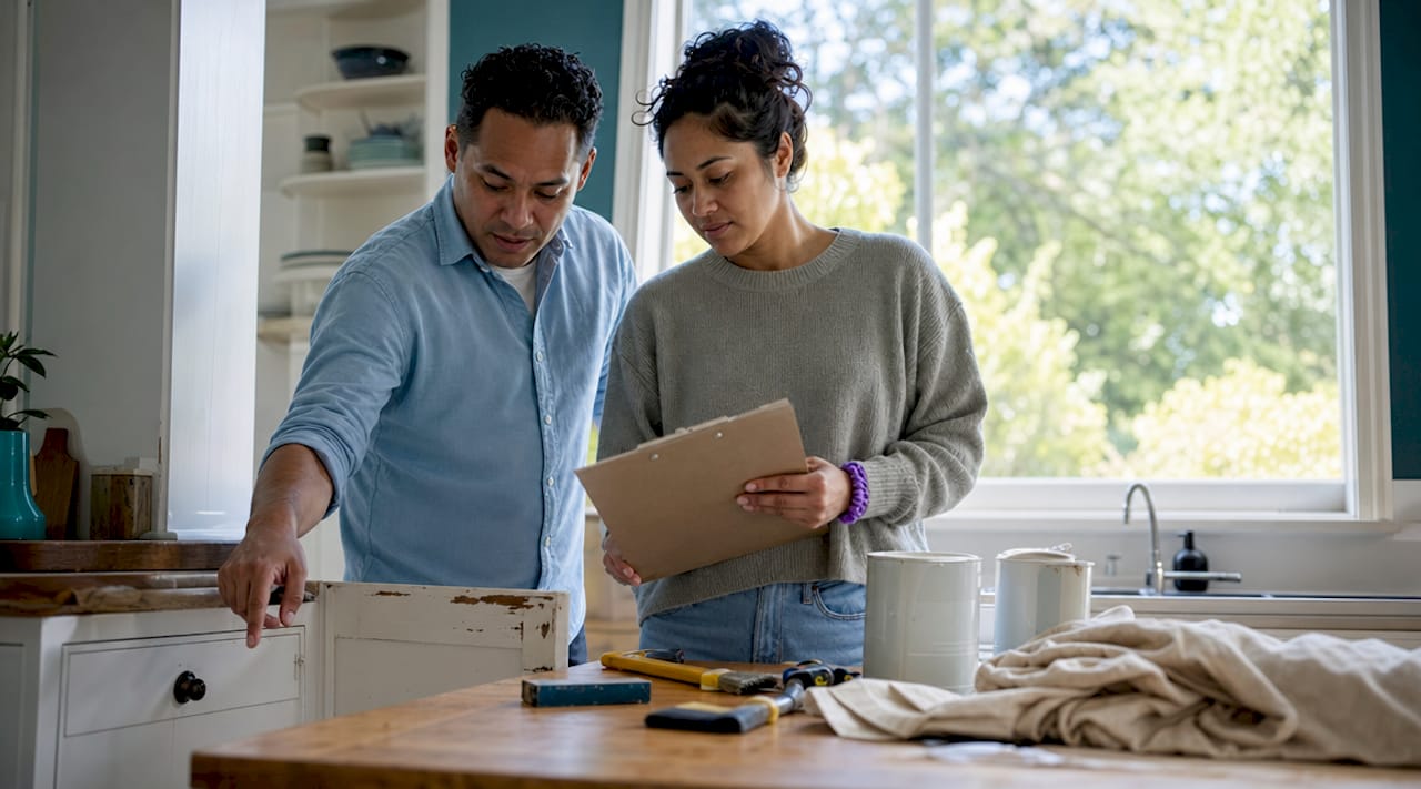 Couple inspecting home repairs