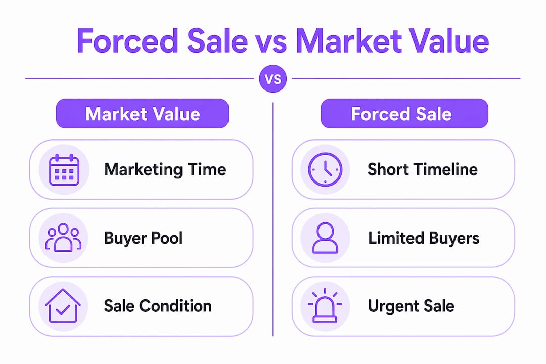 Comparison infographic of forced sale and market value