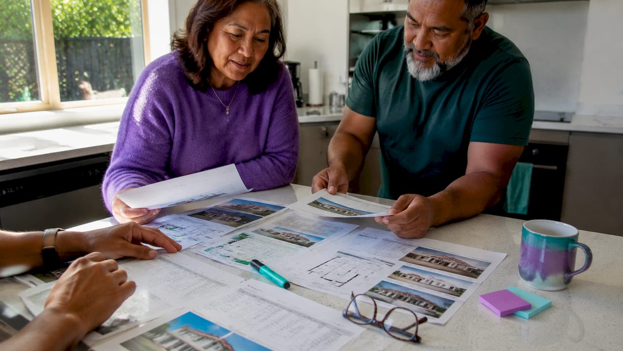 Hands organizing property documents on table