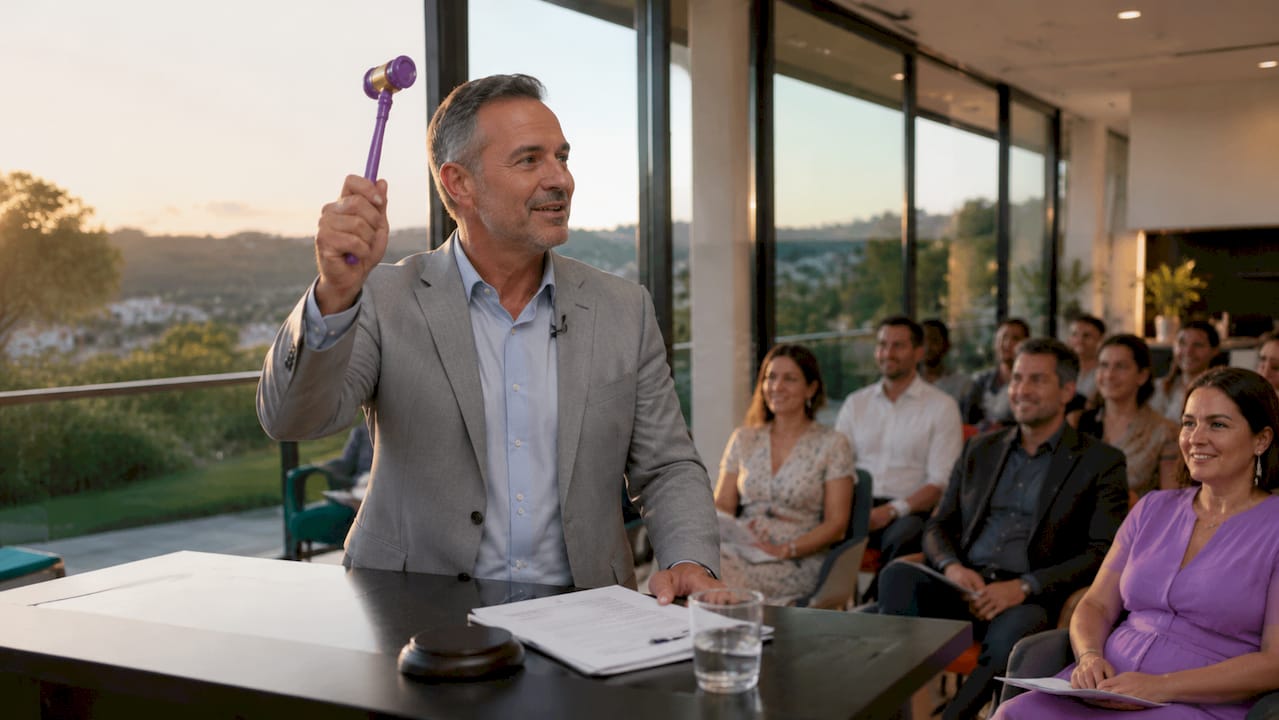 Auctioneer conducting lively property auction