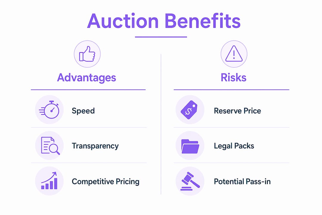 Infographic comparing property auction benefits and risks