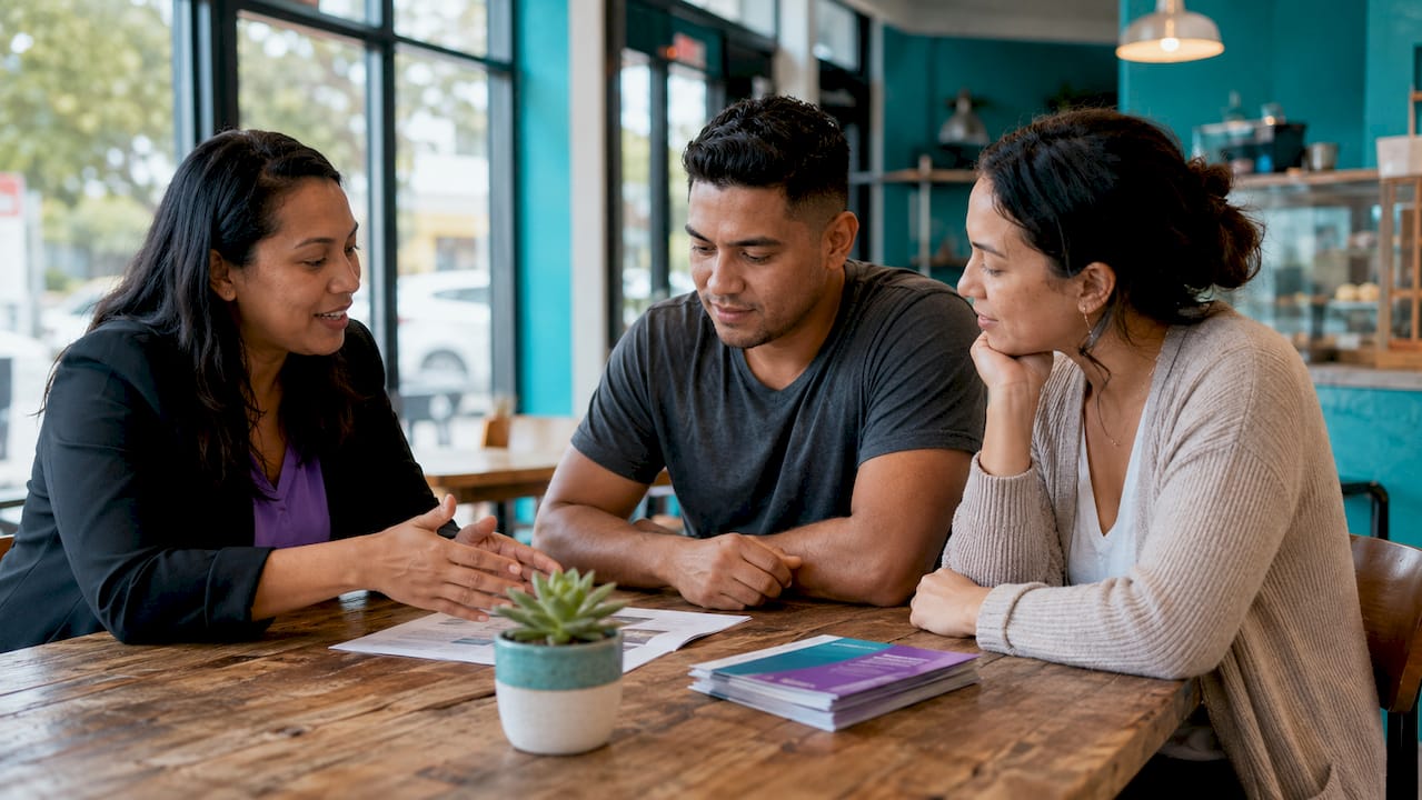 Real estate agent consulting couple on voluntary sale