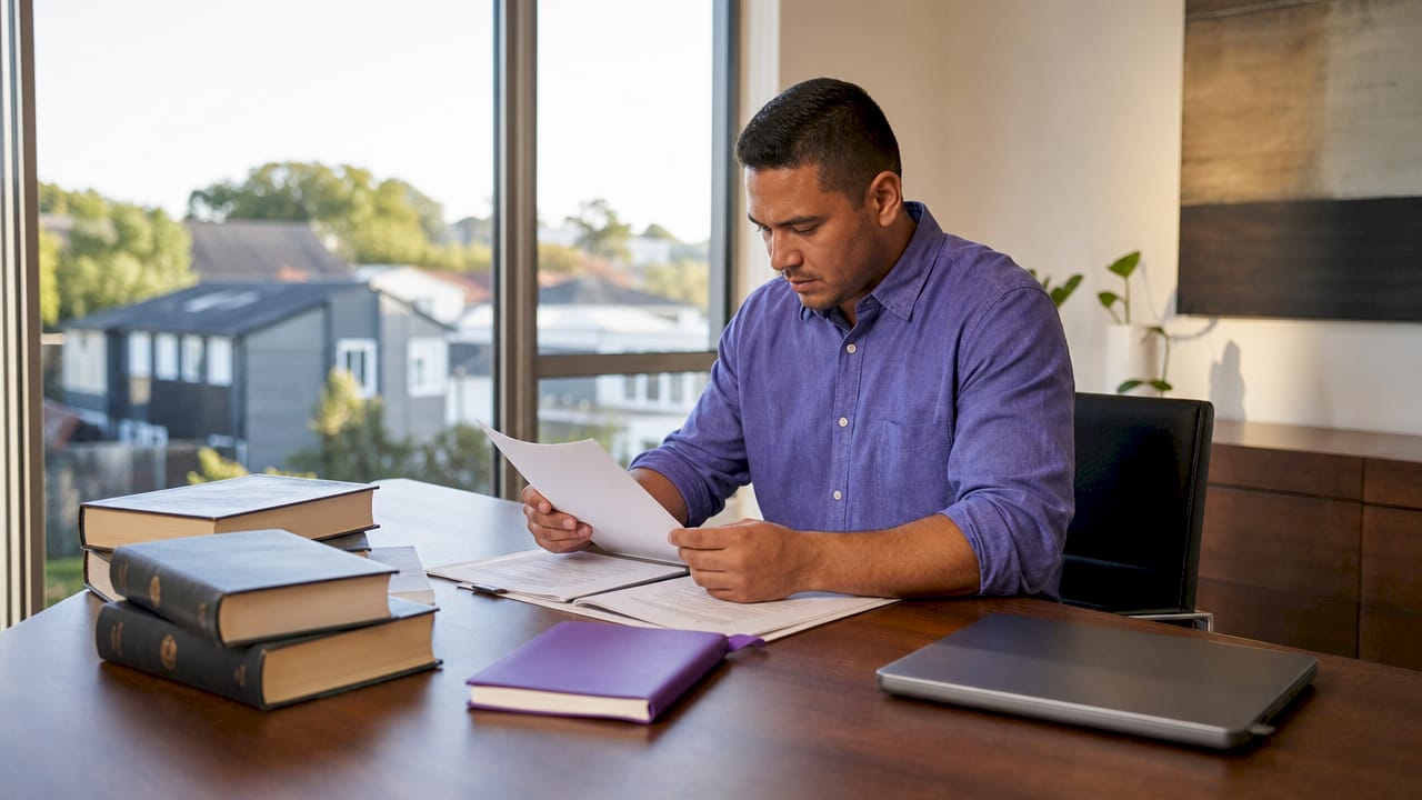 Close-up of lawyer checking property title documents