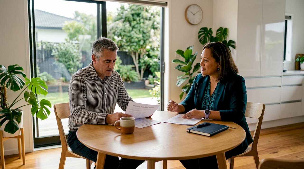 Couple discussing property valuation indoors