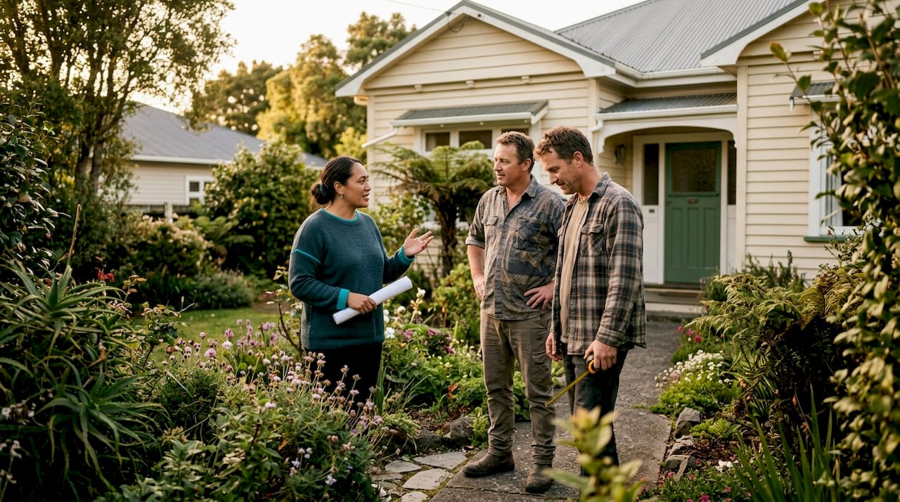 Three Kiwis discussing property covenants outdoors