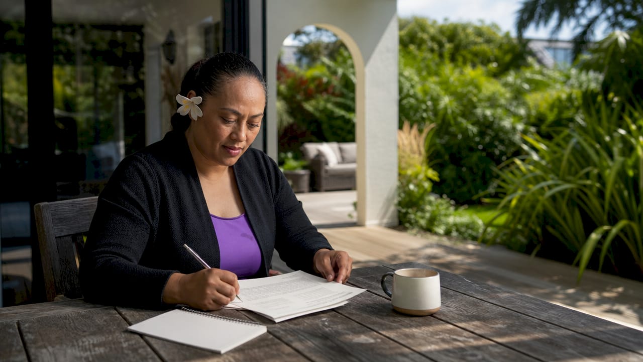Close-up of agent pointing at property contract on table