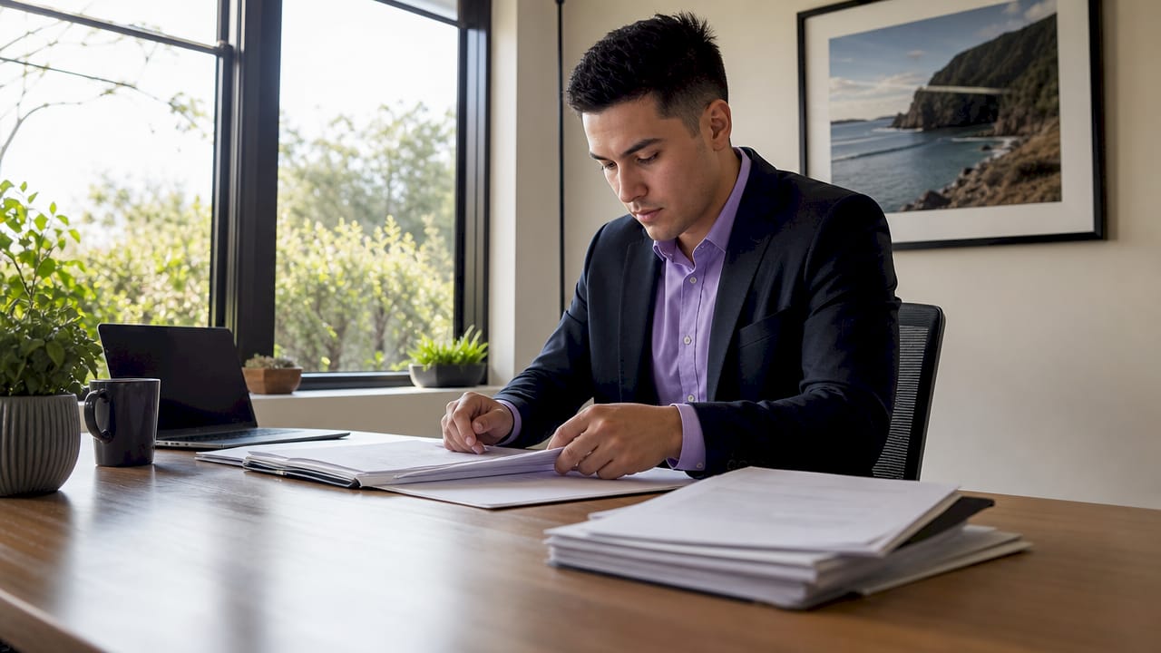 Hands sorting NZ property transfer papers on desk