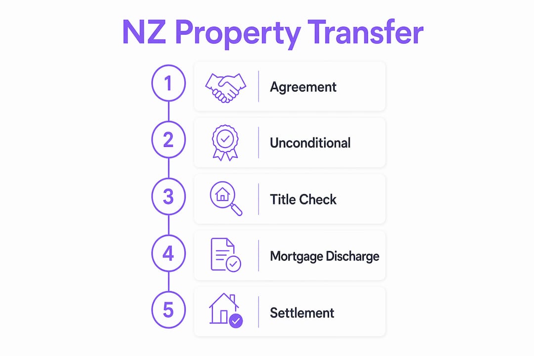 Infographic showing five key steps in New Zealand property transfer process